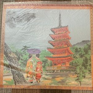 Silk vintage Red Pagoda Wall Art with Geisha Figures